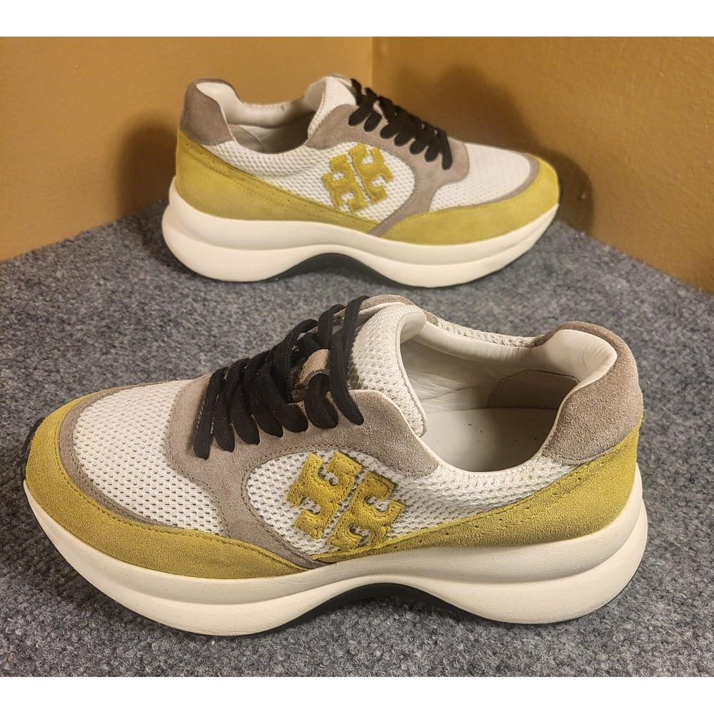 Tory Burch Kick Trainer White / Pepita Yellow Suede Shoes Women's Sz 7.5 Medium
